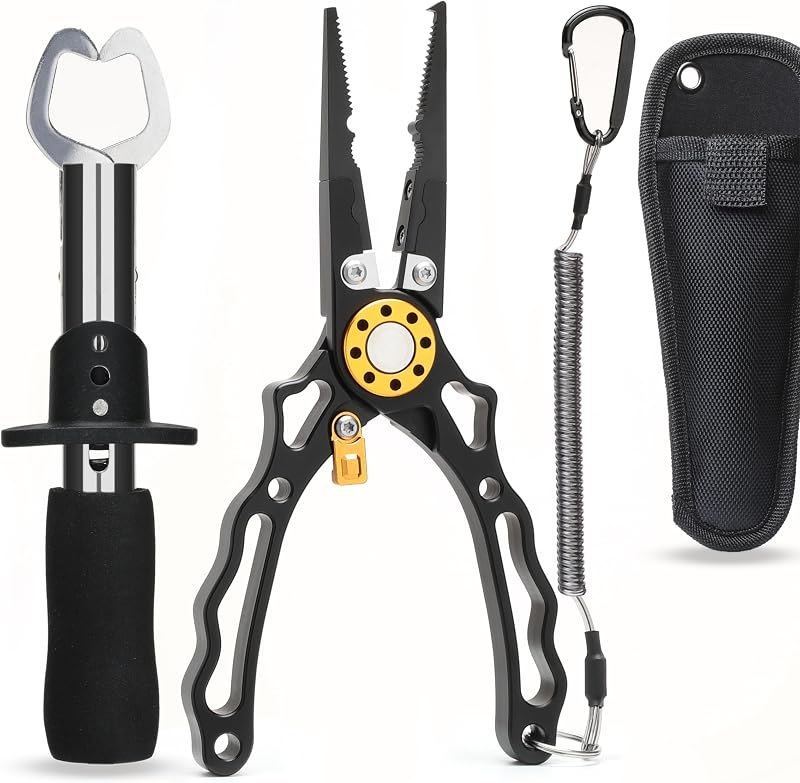 7.5 Inch Fishing Pliers and Gripper, Cuts Braided and Fluorocarbon Lines, Hook Remover, Split Ring Multifunctional