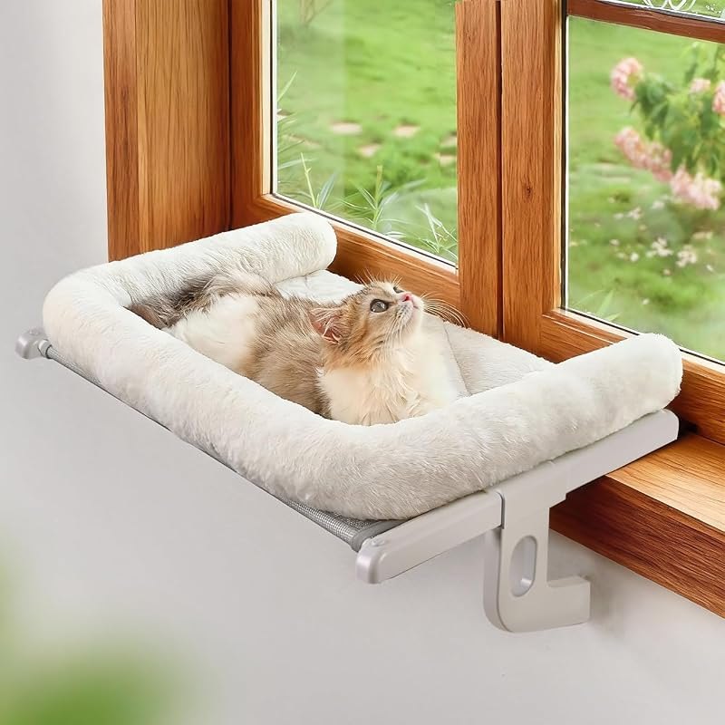 Zoratoo Cat Window Sill Perch with Large Bolster, Easy to Adjust & Assemble Cat Window Seat for Windowsill & Bedside