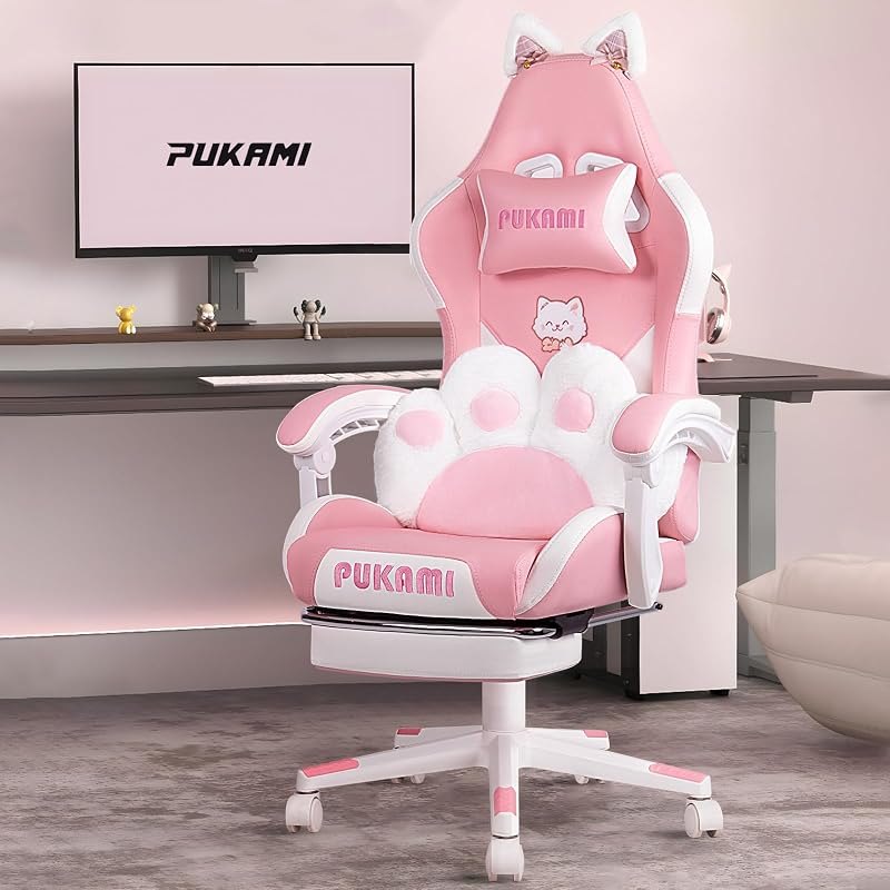 PUKAMI Pink Gaming Chair Cute with Cat Ears and Cat Paw Lumbar Cushion, Ergonomic Computer Chair for Girl with