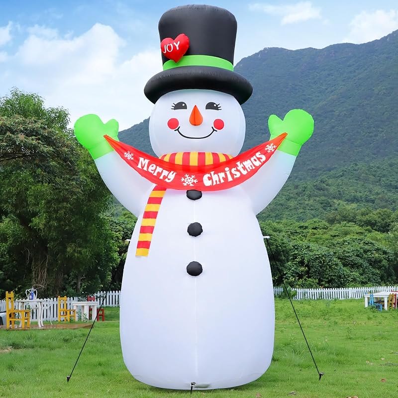 10FT Christmas Inflatables Snowman Outdoor Decorations, Giant Blow up Snow Man with Black Hat & Xmas Banner Yard