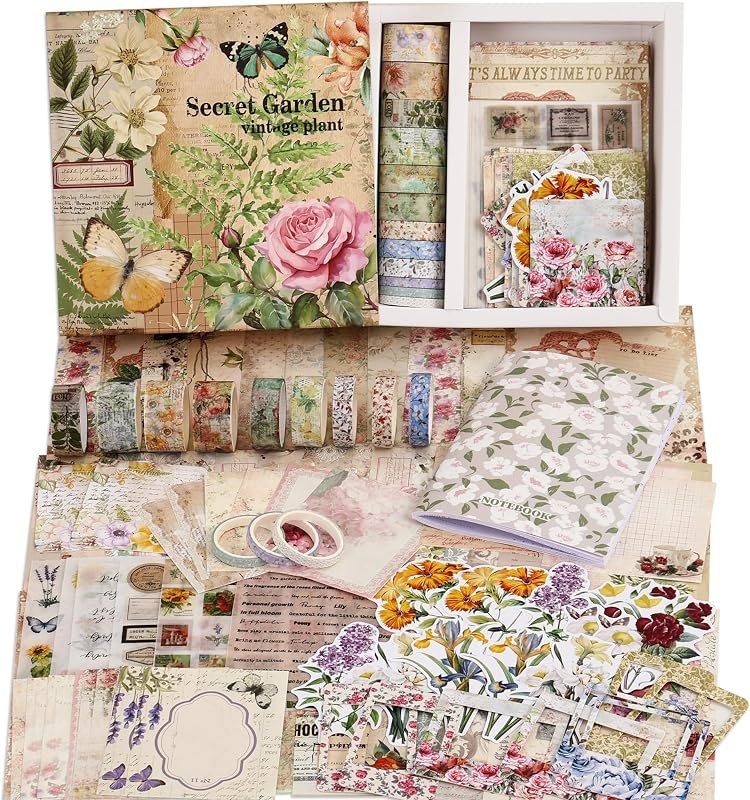 Vintage Botanical Scrapbooking Supplies Kit, Aesthetic Flower Scrapbook Kit for Bullet Junk Journal, 12 Rolls Washi