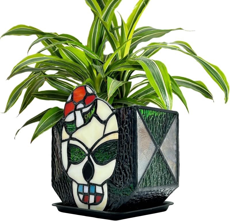 Tiffany Stained Glass Skull Planter,Planters for Indoor Plants,Skull Flower Pot,Candy Bowl,Halloween Planter