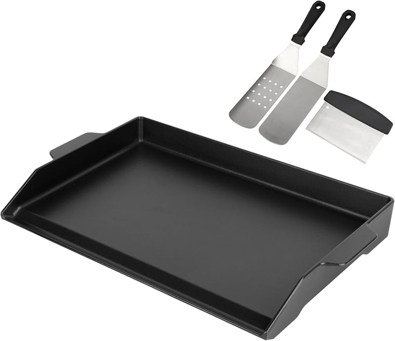 BBQ Future Universal Cast Iron Griddle for Gas Grill with Spatula Set, 23" x 16" Pre-Seasoned Nonstick Griddle Insert