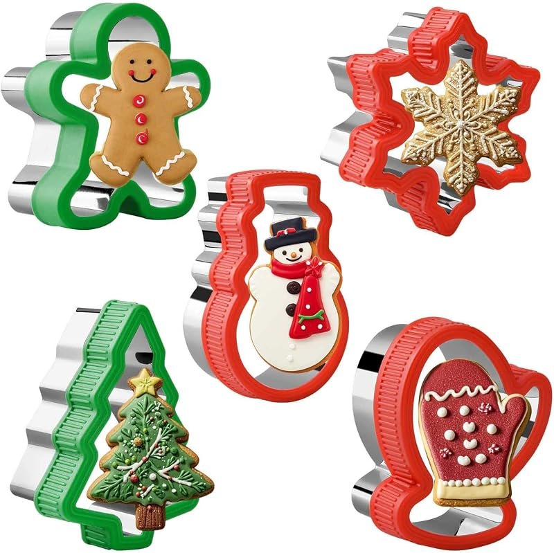 Christmas Cookie Cutters Set - 5 Piece Holiday Biscuit Cutters with Comfort Grip for Xmas Party Supplies/Favors -