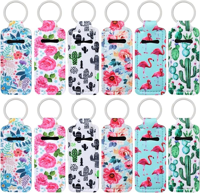 12PCS Cactus Floral Flower Pattern Chapstick Holder Keychain Lip Balm Holder Lipgloss Holder Lipstick Holder Clip-on