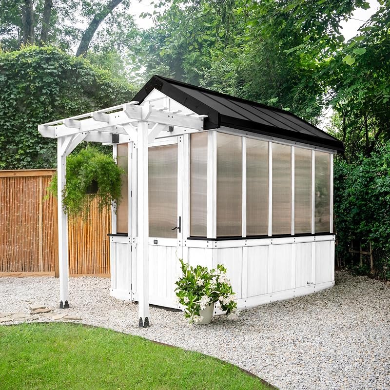 Backyard Discovery Bellerose 9' x 6' White Cedar Wood and Polycarbonate Walk-in Greenhouse Kit with Pergola, Exhaust