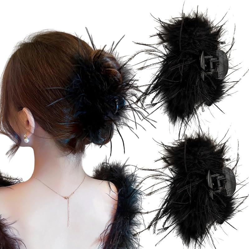 2 Pack Feather Hair Clip Ostrich Fluffy Claw Jaw Clips Hair Accessories, Strong Hair Grip Clamps Shark Clip for Women