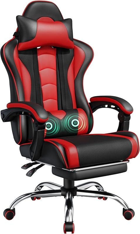 Yaheetech Gaming Chair with Footrest Massage Lumbar Pillow Black and Red — wooden frame gaming chair for wooden frame
