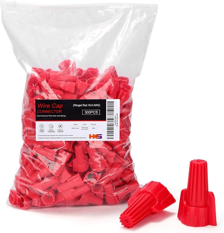 HKS 300 PCS Red Wire Nuts - AWG 18-8 Winged Electrical Wire End Connectors - Twist-On Screw Caps Insulated Insertion