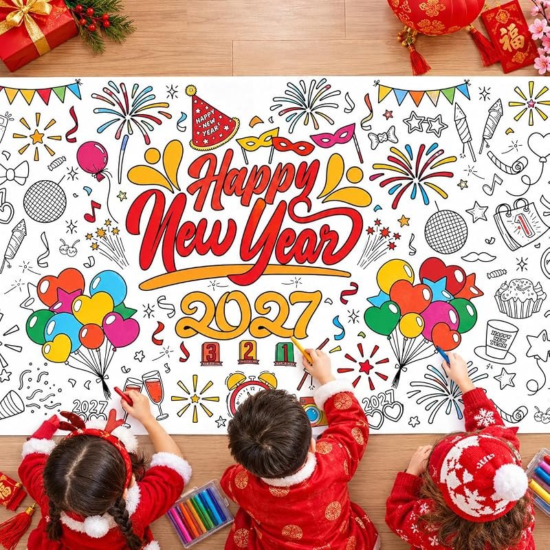 OHOME Happy New Year Giant Coloring Poster/Tablecloth - New Years Decorations 2027-30 x 72 Inches Jumbo Coloring