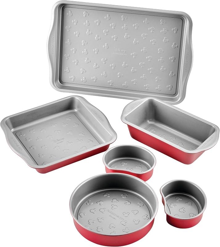 Farberware Disney Bake with Mickey Mouse Nonstick Bakeware Cake Pans, Baking Sheet, and Loaf/Meatloaf Pan, 6 Piece Non