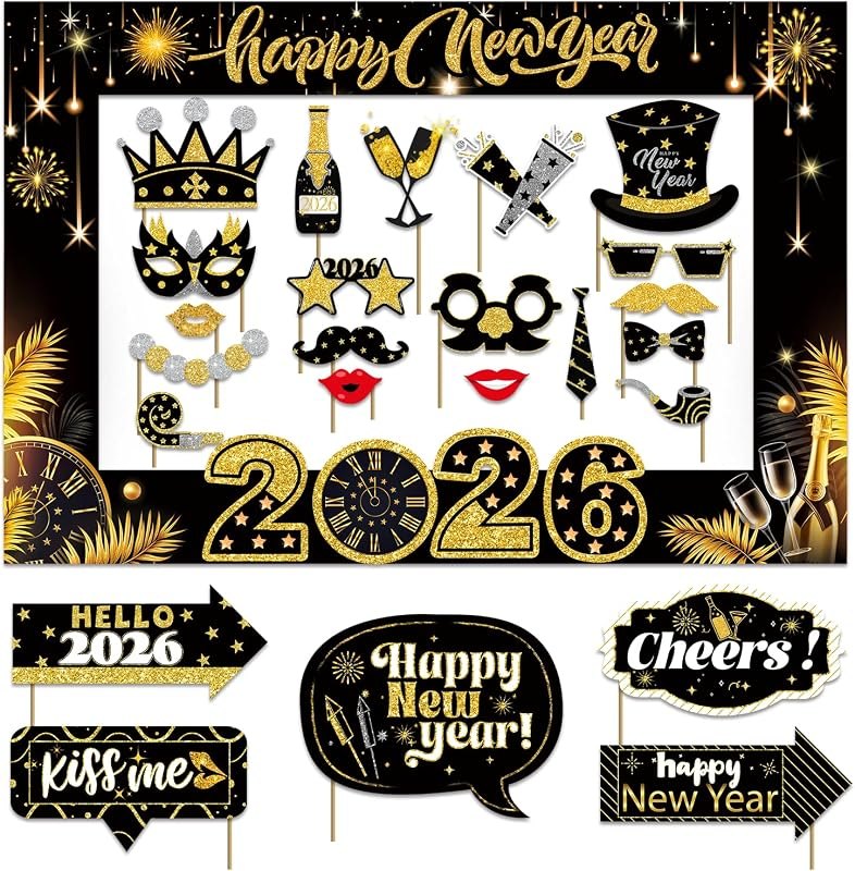 25pcs New Years Photo Booth Props 2026 with Photo Frame, Happy New Years Eve Party Supplies 2026, Black Gold New Years