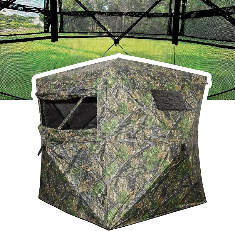 AUSCAMOTEK See Through Ground Blind for Deer Hunting, 2-3 Person Pop-Up Camouflage Blind — duck boat blind for duck