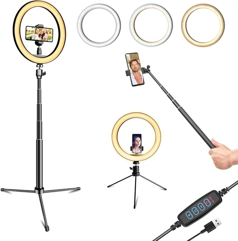 10" Selfie Ring Light with 10" Stand and 60" Selfie Stick, 3 Color Light Adjustment Suitable for Phones and Cameras