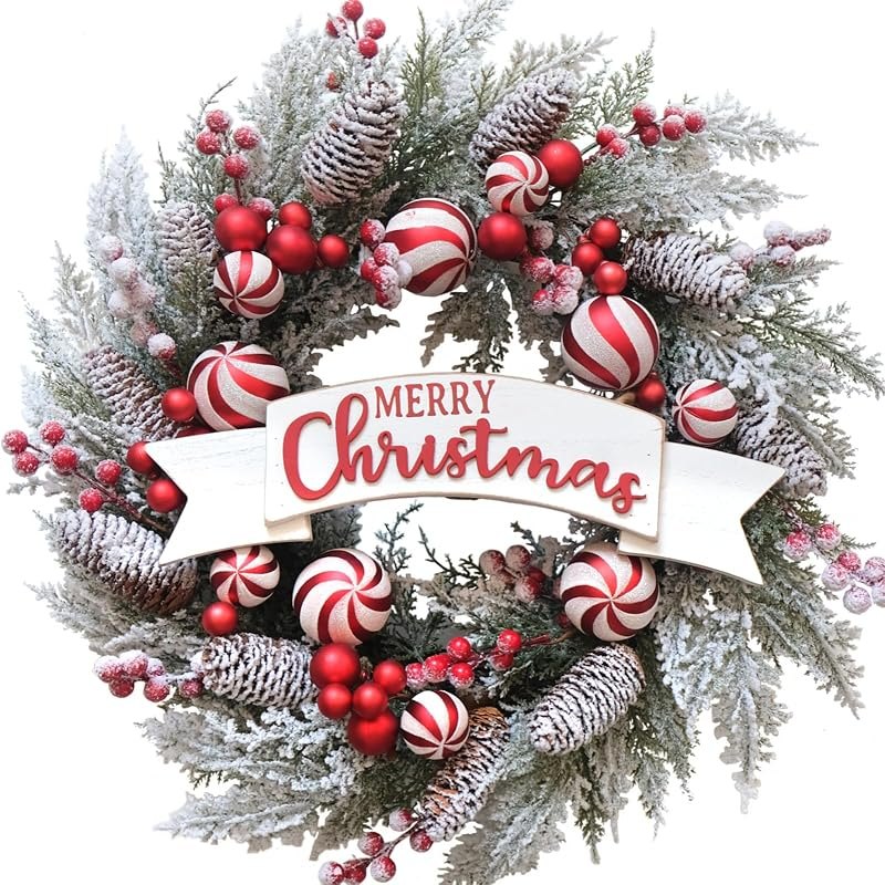 24 Inch Artificial Christmas Wreath for Front Door with Balls Berries Frost Pine Needles Pine Cones Christmas