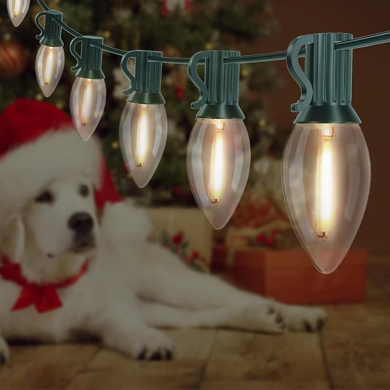 25FT C9 Christmas Lights Outdoor, Clear Warm White LED, Waterproof — warm white christmas lights for warm white