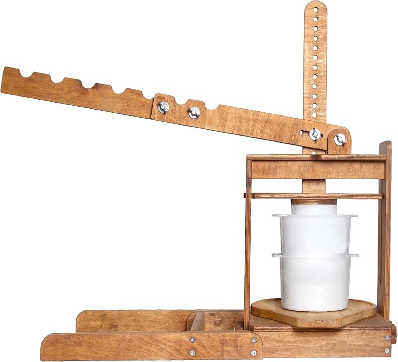 BIG Dutch Wooden Cheese Press - Cheese Making Kit (Wooden Cheese Press with Lever and 2 Cheese Molds 1,3 Qt, 2 Qt, 2