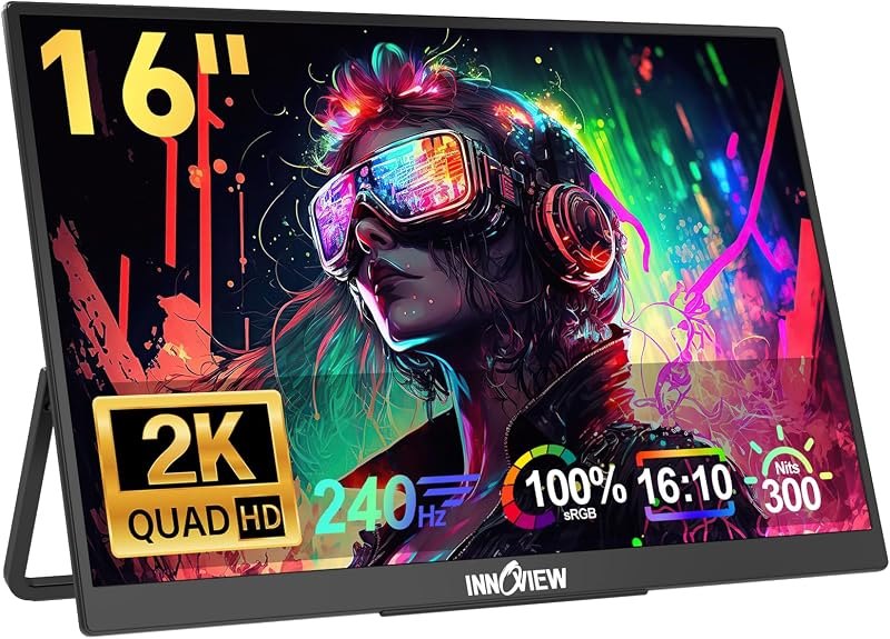 InnoView 16" 240Hz Portable Monitor 2K 2560x1600 100% sRGB Portable Gaming Monitor Laptop Monitors Built-in Speakers