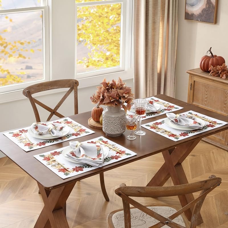 Thanksgiving Red Green Gold Bordered Leaves Fabric Placemats Set of 4 — Thanksgiving Table Linen Set for thanksgiving