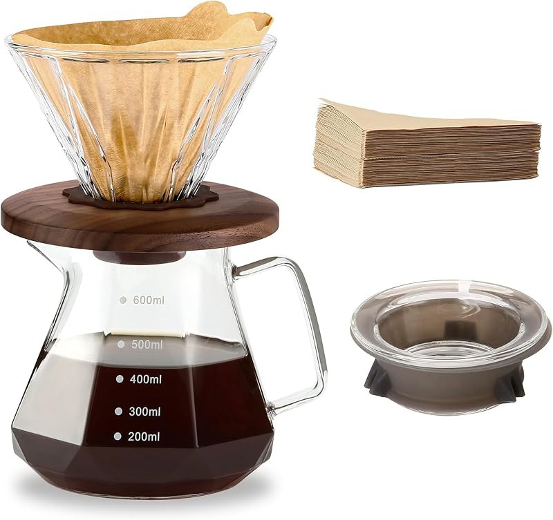 Pour Over Coffee Maker, 20 oz Borosilicate Glass Carafe with 100 pcs Size 02 Paper Filter, Walnut Handle & Glass Lid