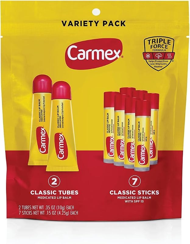 Carmex Classic Medicated Lip Balm Pack, Lip Moisturizer for Chapped Lips, 9-Count Variety Pack Bag (2 Tubes, 7 Sticks)