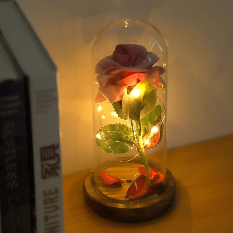 Preserved Rose Flower LED Light with Glass Cover Wooden Base Valentines Wedding Gift, Preserved Romantic Silk Rose for