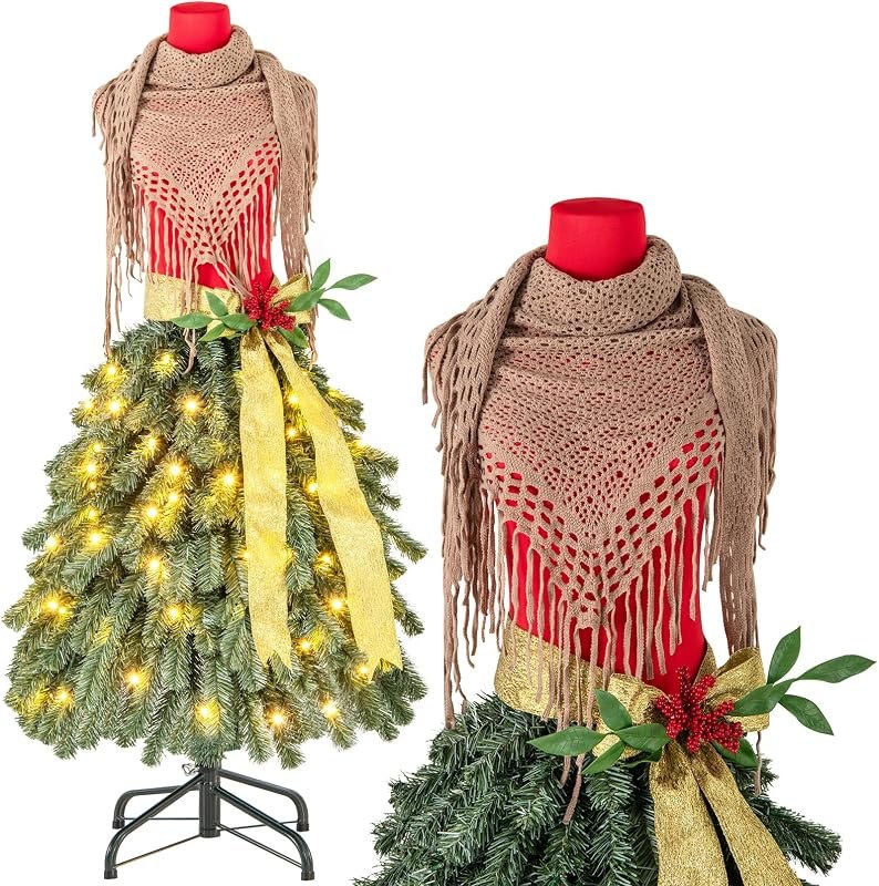 Goplus 5ft Pre-Lit Dress Form Christmas Tree, Artificial Xmas Tree with Female Mannequin Torso, Scarf, 248 Lush Branch