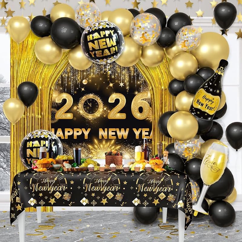 AIBIIN 78Pcs Black and Gold New Years Decorations 2026 Happy New Year Decorations Kit New Year Banner, New Years