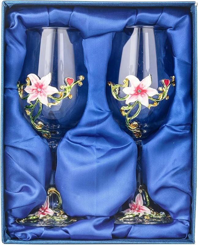 Wine Glasses Set of 2, Handcrafted Enamel Flower Red White Wine Glasses Pretty Floral Goblets with Gift Box for Women