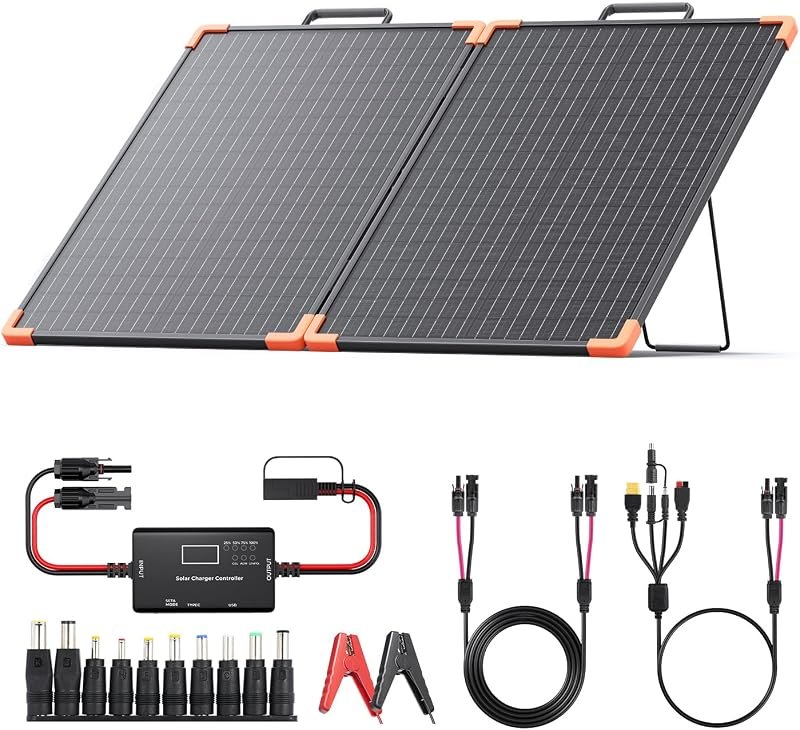 ZOUPW 100W Portable Solar Panel, Foldable Tempered Glass Solar Panel Kit with 20A PWM Controller for 12V Battery&Power