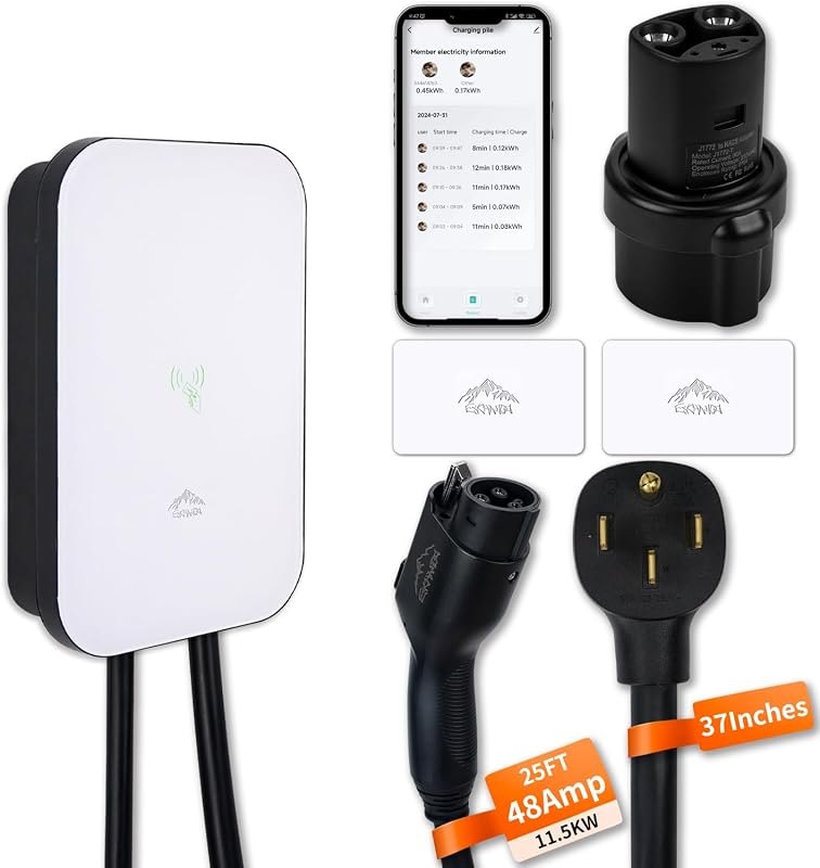 Level 2 EV Charger, 48 Amp & 240V EV Charger Level 2, NEMA 14-50 Plug, Metal Case Enclosure, Indoor/Outdoor, Tesla