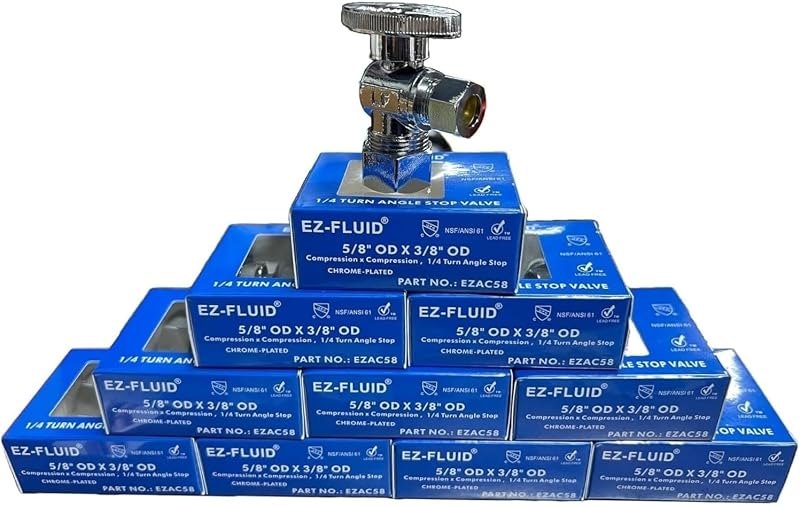 10Pcs EZ-Fluid Angle Stop Valve 1/2" Nominal Compression (5/8" OD) x 3/8" OD,1/4-Turn Sink Shut Off Valve Heavy Duty