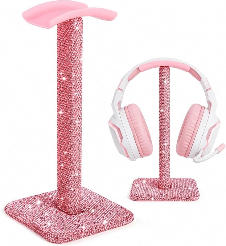 Pink Headphone Stand, Rhinestone Headset Holder for Office Desk — audio headphone stand for audio headphone stand