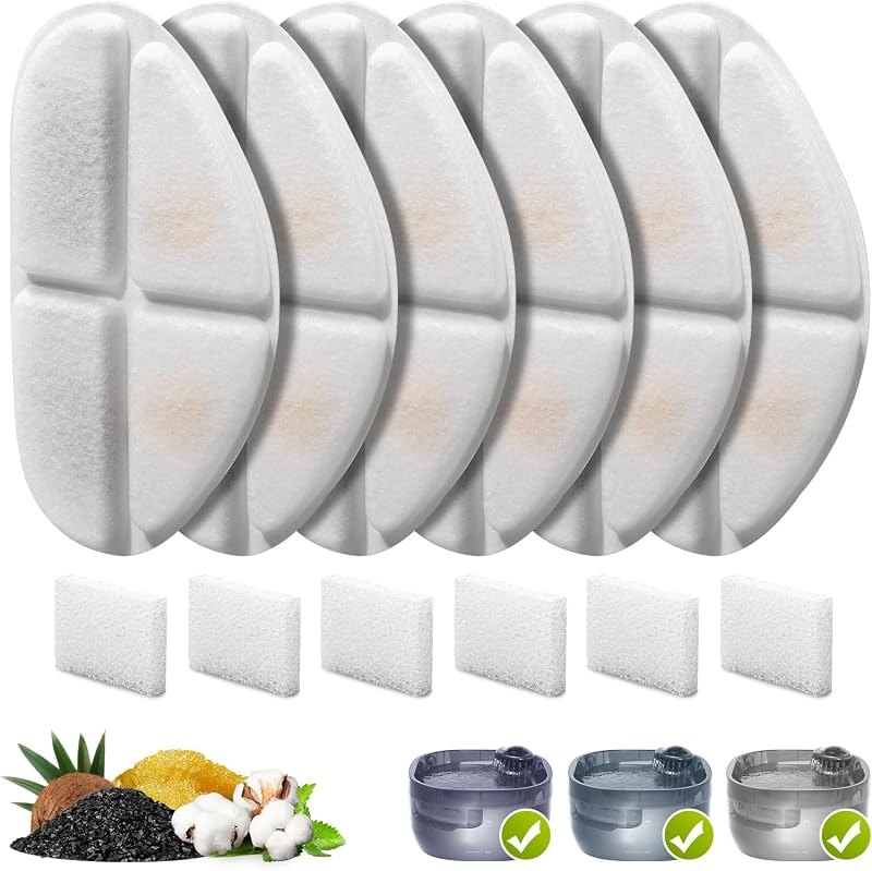 6 Pack Filters and Pump Sponges for 7L/1.8Gal Dog Water Bowl Dispenser(FN-W05), ZEKIRY Cat Water Fountain Filter