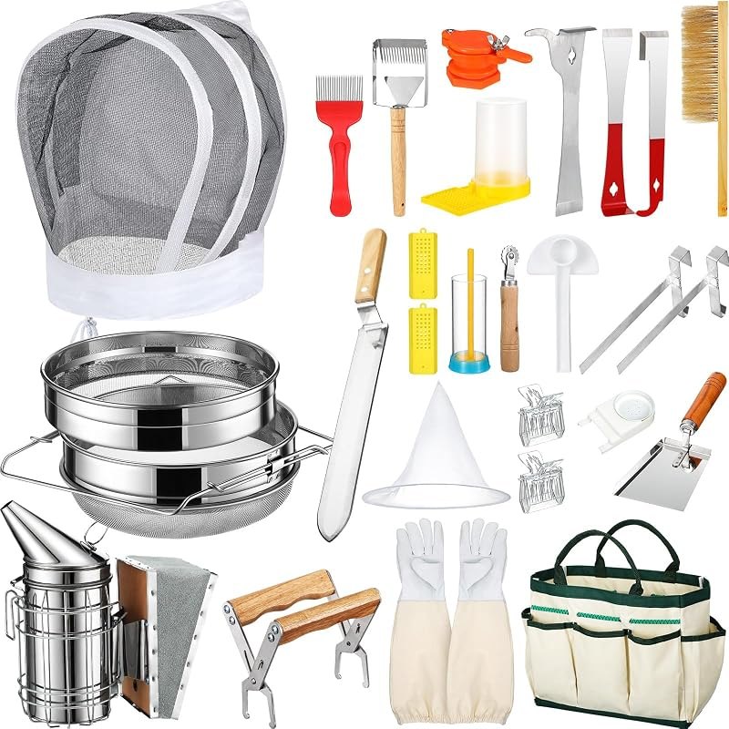 Tioncy Beekeeping Starter Kit, 28 Pcs All-in-One Bee Hive Tool Set with Smoker, Veil and Honey Strainer, Beginner