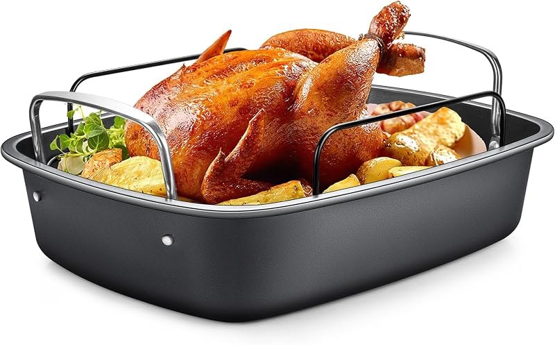Nonstick Turkey Roasting Pan with Rack - 17×13 Inch Extra Large Roaster Pan, Deep Turkey Tray for Oven, U-Shaped Rack