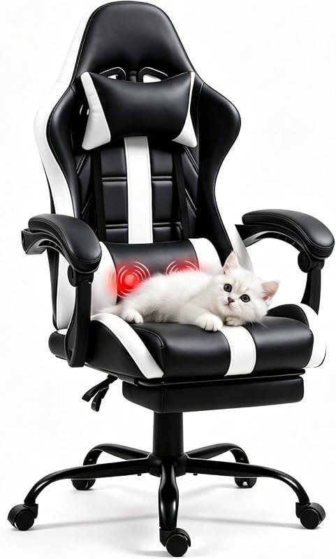 Gaming Chair with Footrest & Massage Lumbar Support, White — steel gaming chair for steel gaming chair