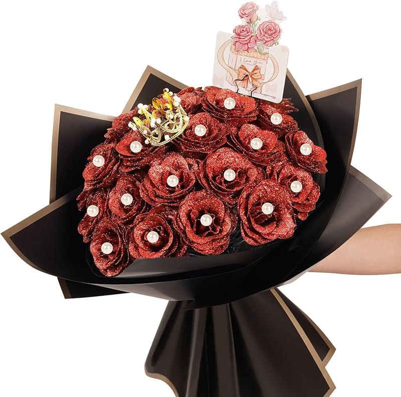 25 Pcs Red Glitter Roses Bouquet,DIY Artificial Bouquet of Shiny Red Faux Rose Flowers Bouquet,for Wedding Bouquet