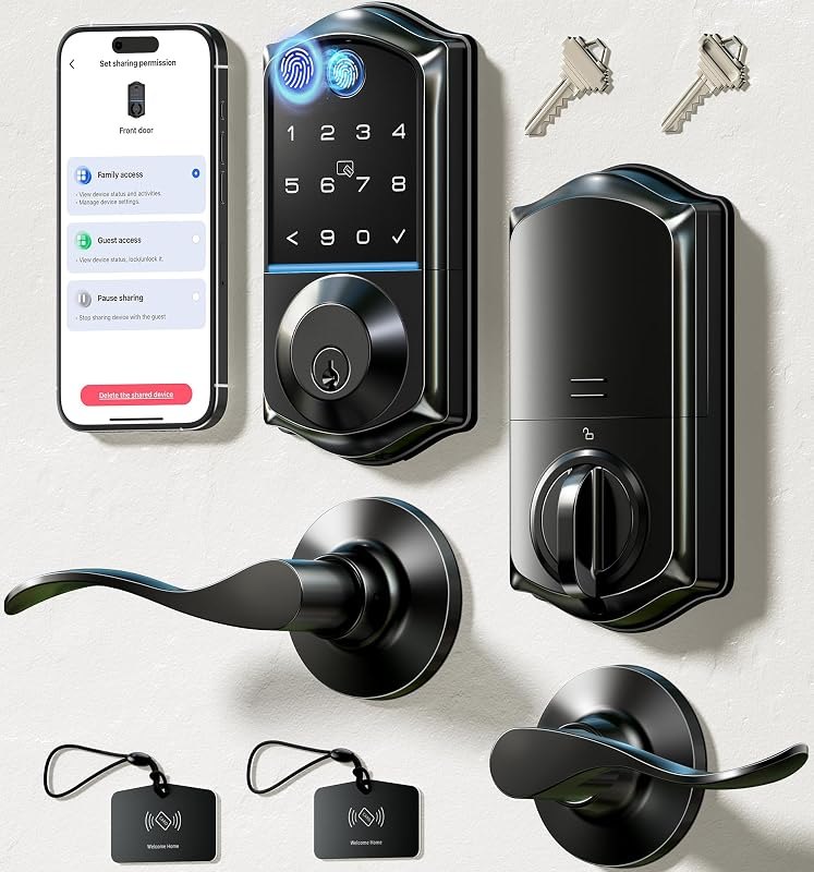 Veise VE017-L Fingerprint Smart Lock with 2 Lever Handle Set, Matte Black — smart lock for french doors for smart lock