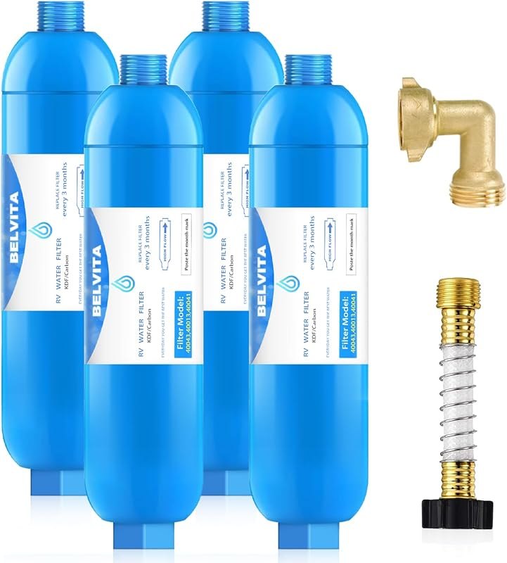 BELVITA RV Inline Water Filter with 90 Degree Elbow and Flexible Hose