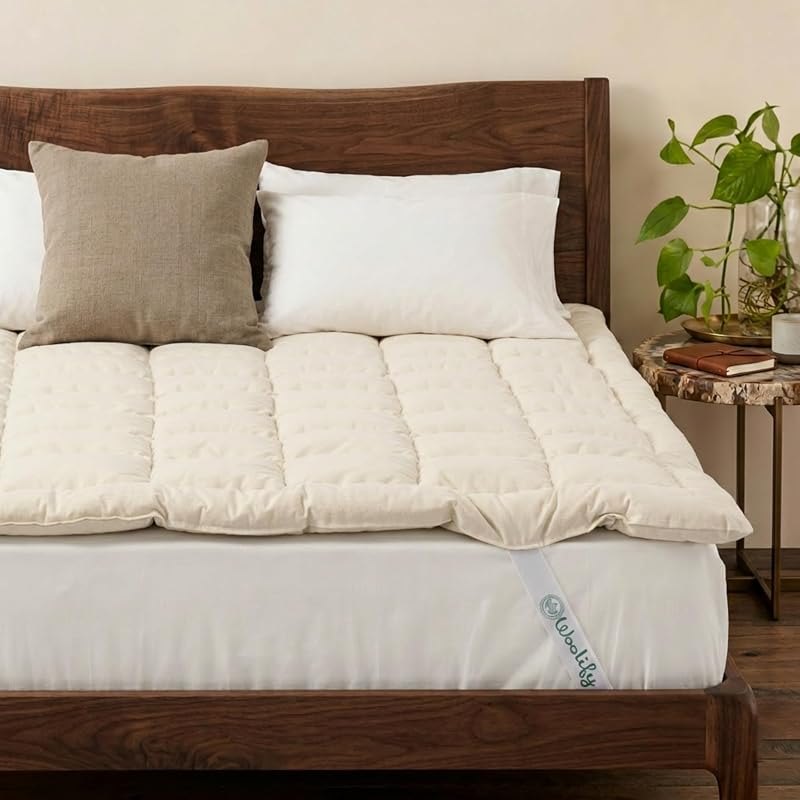 Organic Merino Wool Mattress Topper 1650 GSM - Pillow Top Mattress Pad, Handmade, Non-Toxic, Cooling and