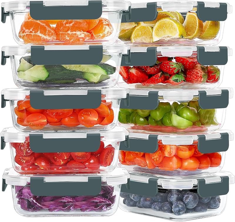 KOMUEE 10 Packs 22 oz Glass Meal Prep Containers, Gray — meal prep container set for meal prep container set
