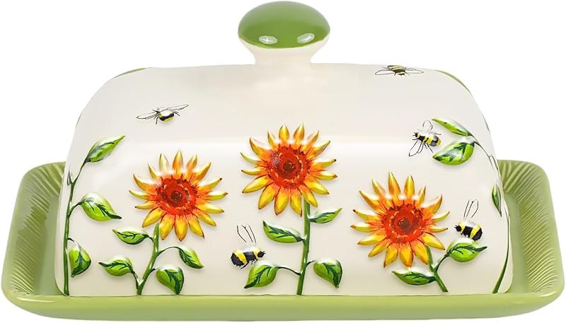 Butter Dish with Lid for Countertop, Sunflower Butter Keeper Holder, 7.5”x4.3” Large Ceramic Butter Tray Storage