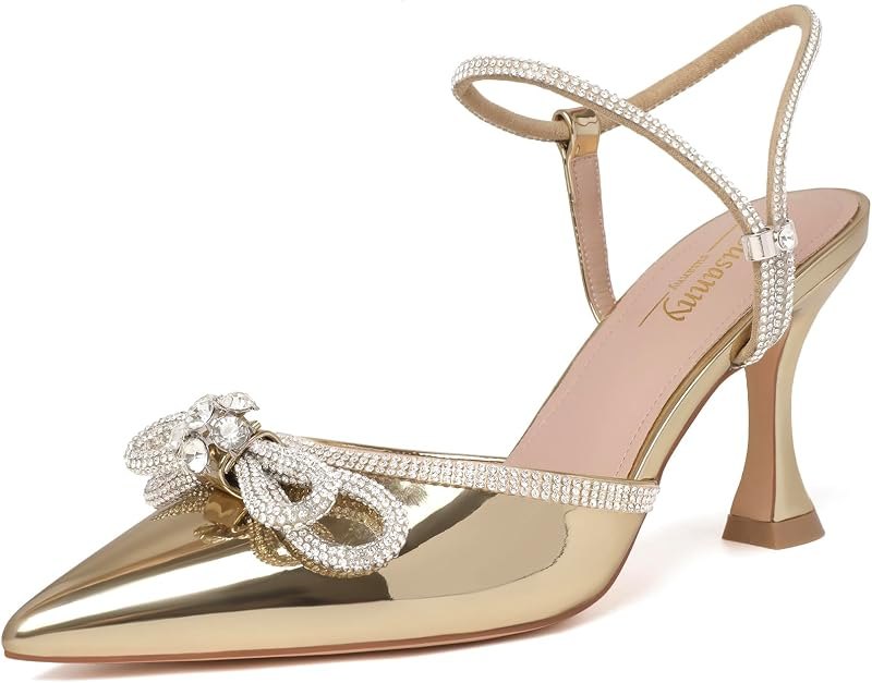 Women's Closed Toe Rhinstone Wedding Low Heel Slingback Clear Kitten Heels,Adjustable Strap Pointed Toe Bow Pumps High
