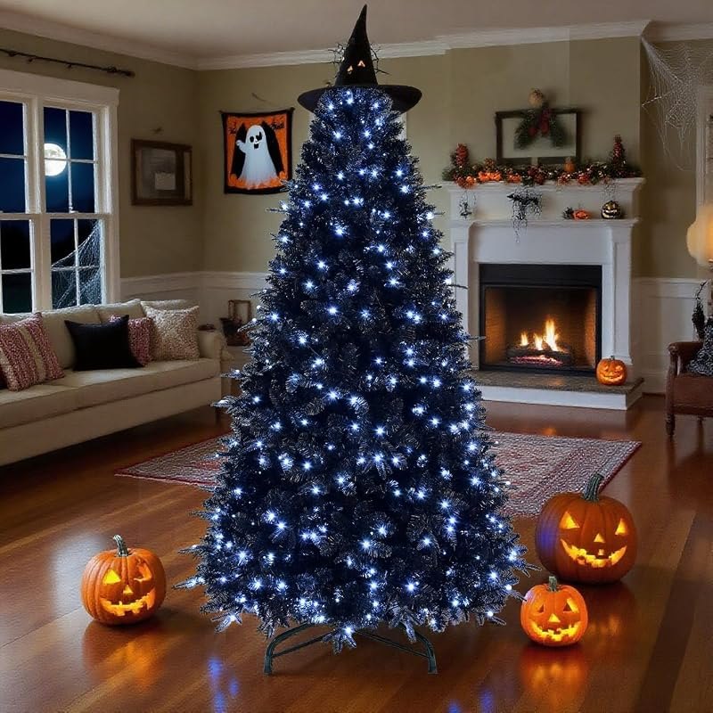 Mayhihi 7FT PreLit Black Christmas Tree with 450 Lights, Artificial Fake Christmas Tree with 1916 PE&PVC Branch Tips