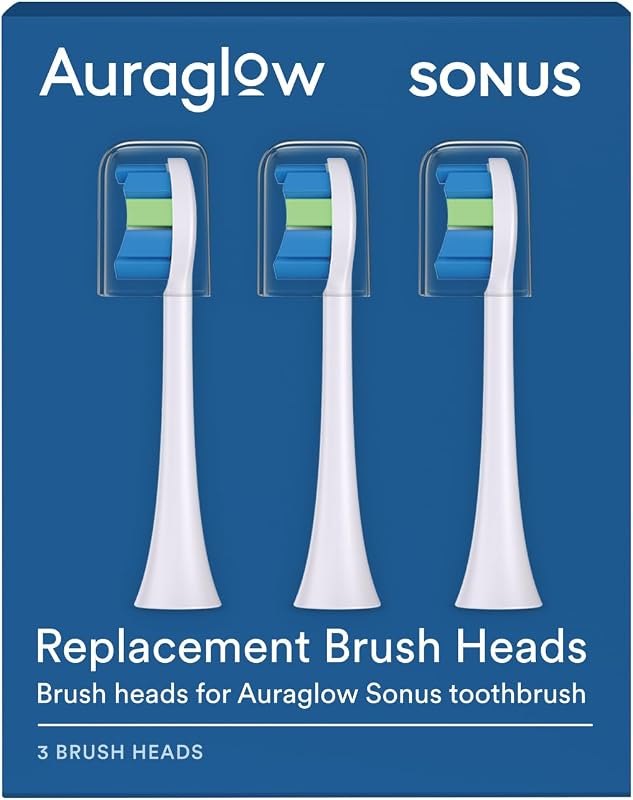 AURAGLOW Sonus Electric Toothbrush Replacement Brush Heads with Cover Cap, 3 Count, White — electric toothbrush