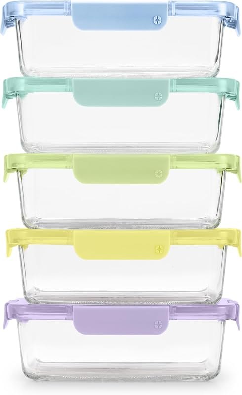 Ello Color Lock 5 Cup Glass Meal Prep Containers & Lids, 5 Pack,Purple Rain