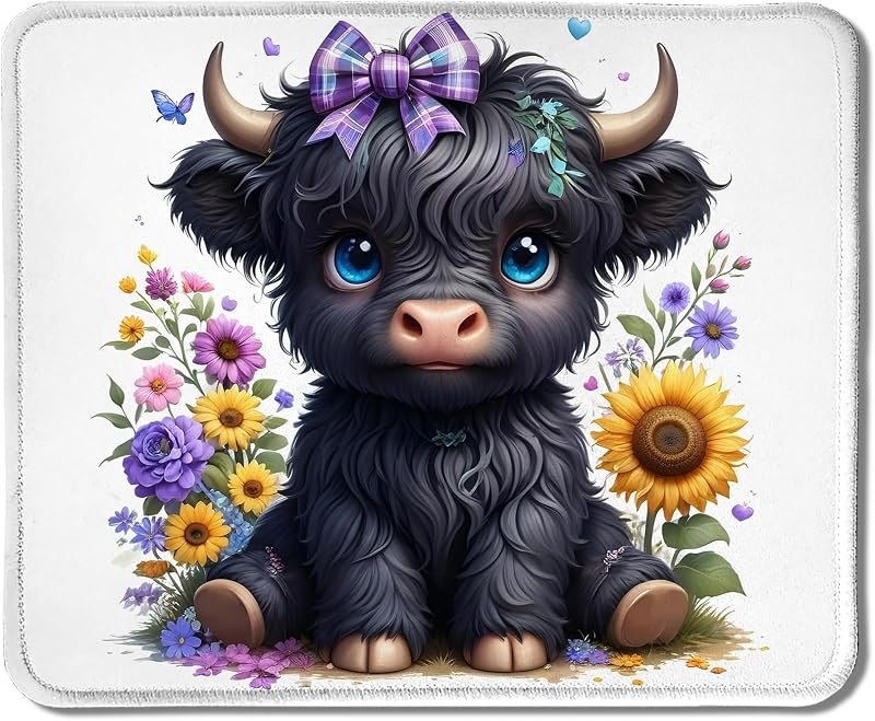 Sunflower Black Highland Cow Mouse Pad, Coquette Purple Bow Flower Cute Highland Cow Mouse Pads for Work Gaming