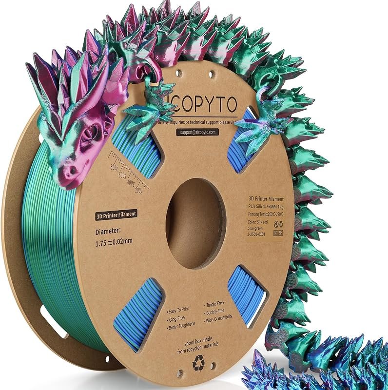 Silk Tri Color PLA Filament, Silk PLA 3D Printer Filament 1.75mm 1KG, Multicolor Filament Shiny Silk Texture, 3D