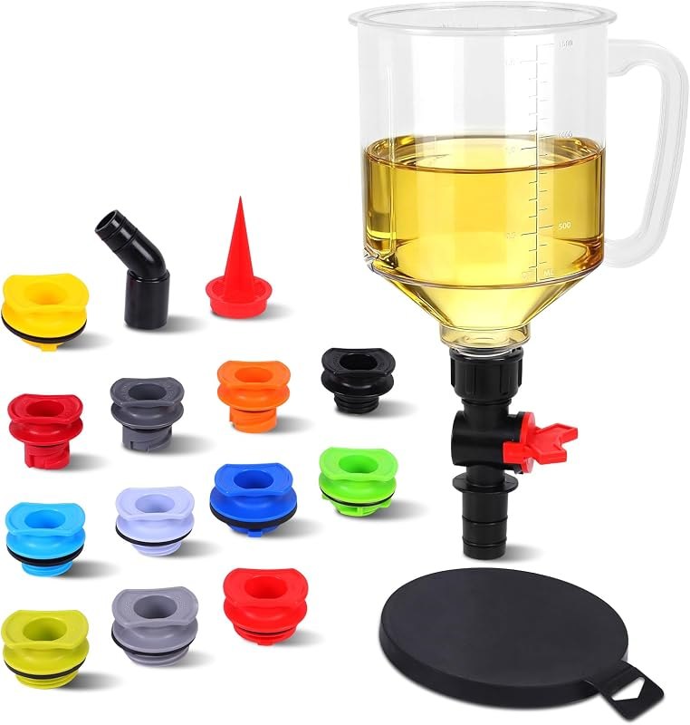 MaxWorks 51056 Oil Funnel No Spill Leak Proof Filling Kit 1.5 Liter / 1.5 Quart Capacity 45° Elbow and 12 Color-Coded
